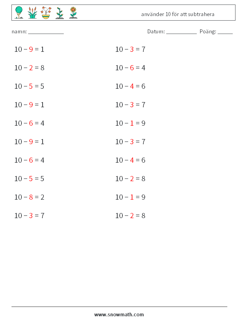 (20) använder 10 för att subtrahera Matematiska arbetsblad 9 Fråga, svar