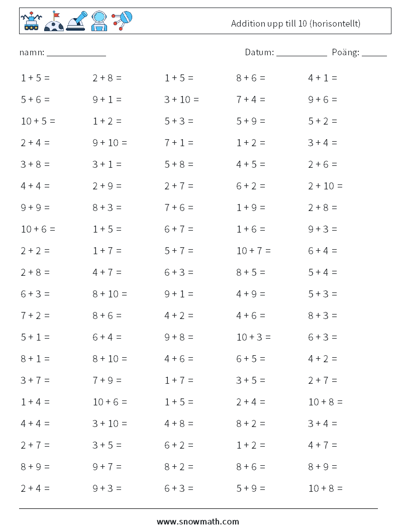 (100) Addition upp till 10 (horisontellt) Matematiska arbetsblad 3