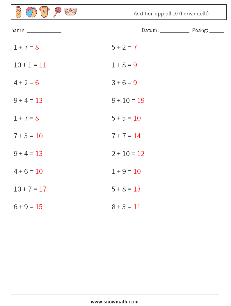 (20) Addition upp till 10 (horisontellt) Matematiska arbetsblad 1 Fråga, svar