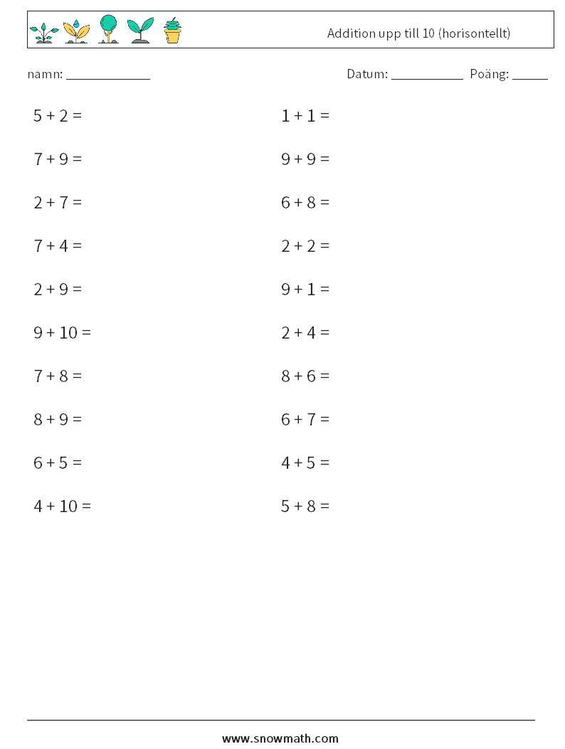 (20) Addition upp till 10 (horisontellt) Matematiska arbetsblad 2