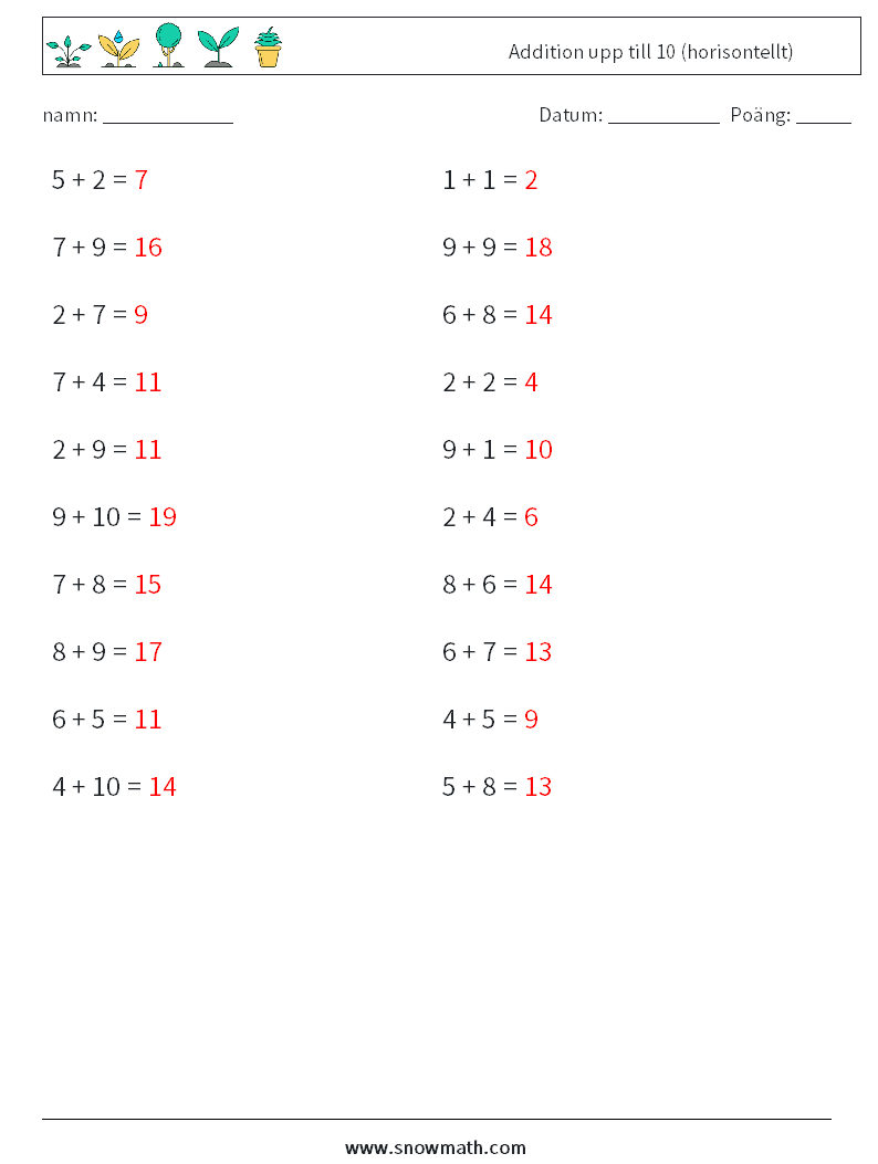 (20) Addition upp till 10 (horisontellt) Matematiska arbetsblad 2 Fråga, svar
