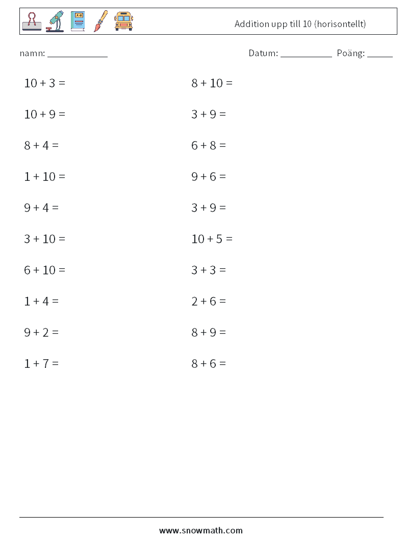 (20) Addition upp till 10 (horisontellt) Matematiska arbetsblad 3