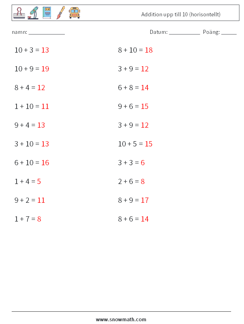 (20) Addition upp till 10 (horisontellt) Matematiska arbetsblad 3 Fråga, svar