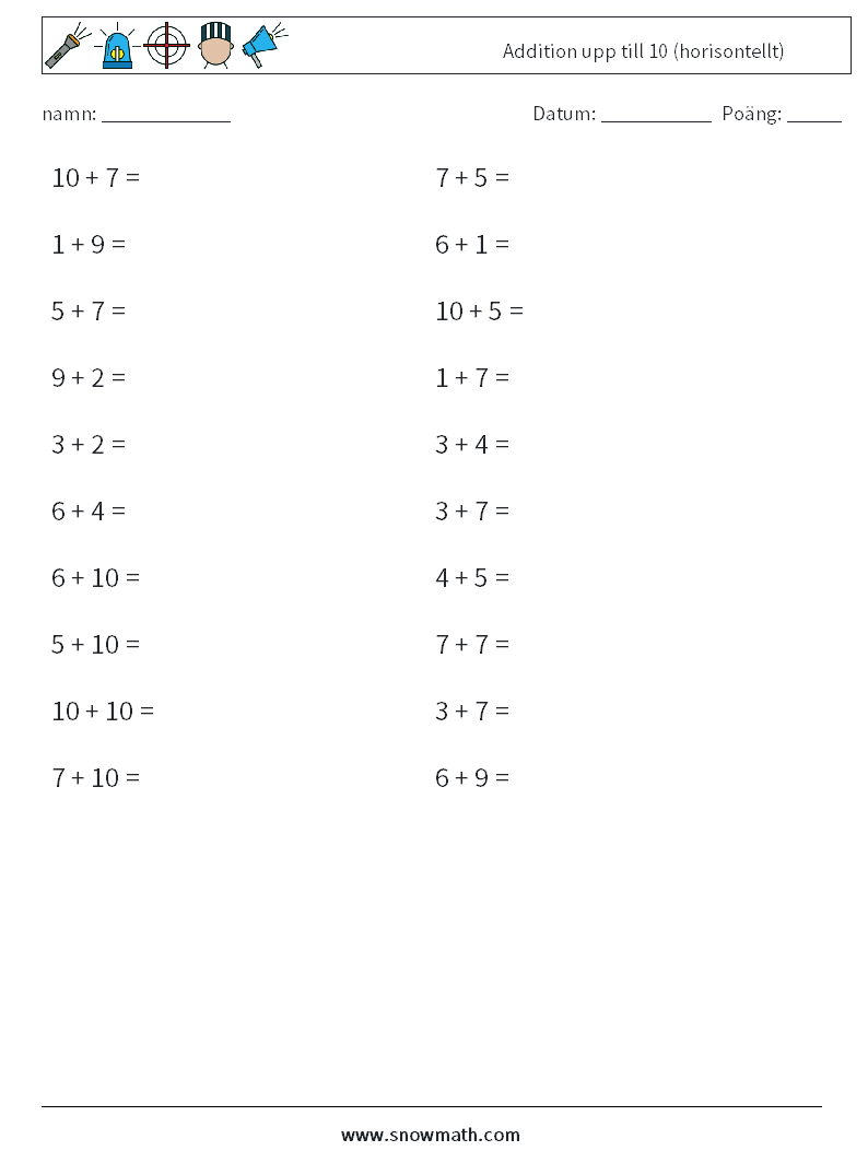 (20) Addition upp till 10 (horisontellt) Matematiska arbetsblad 4