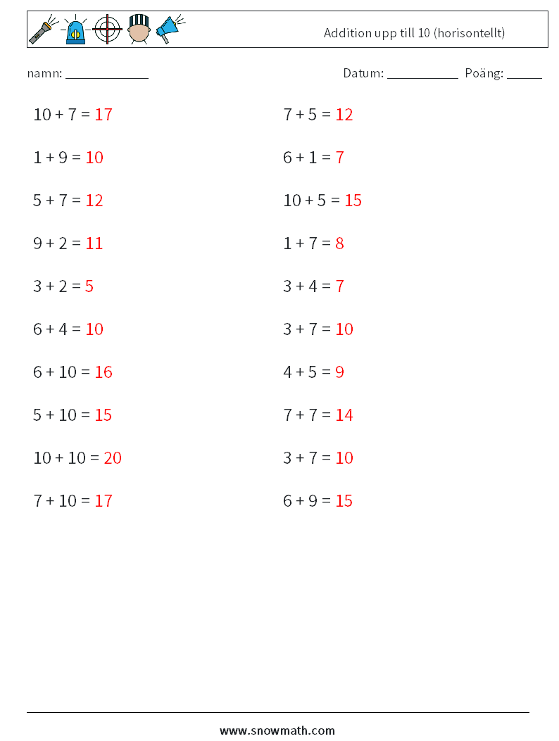 (20) Addition upp till 10 (horisontellt) Matematiska arbetsblad 4 Fråga, svar