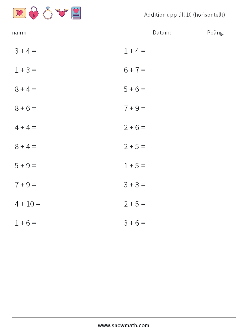 (20) Addition upp till 10 (horisontellt) Matematiska arbetsblad 5