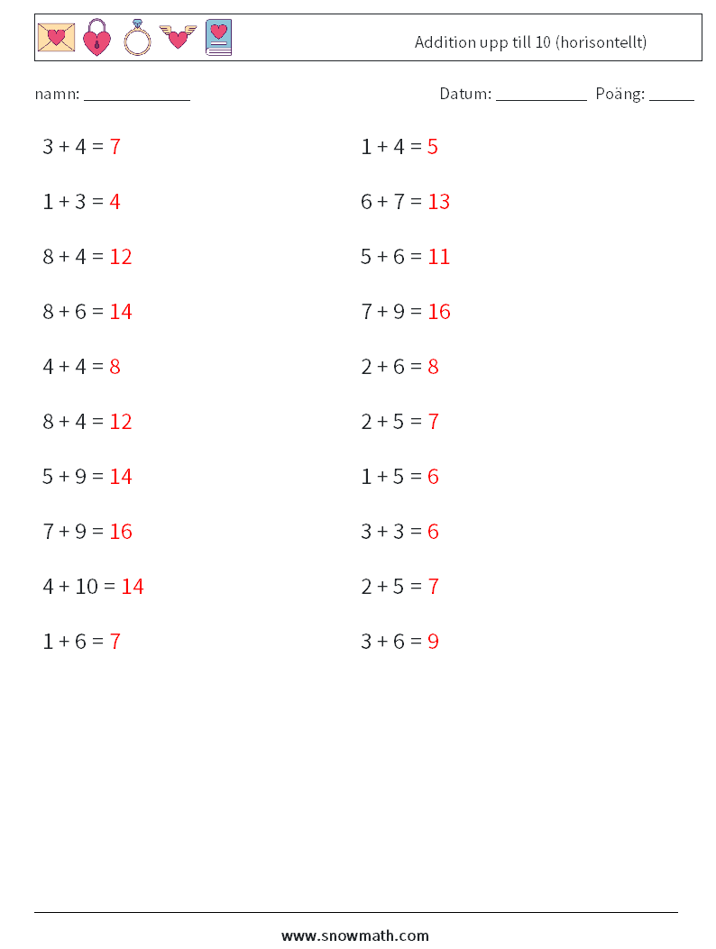 (20) Addition upp till 10 (horisontellt) Matematiska arbetsblad 5 Fråga, svar
