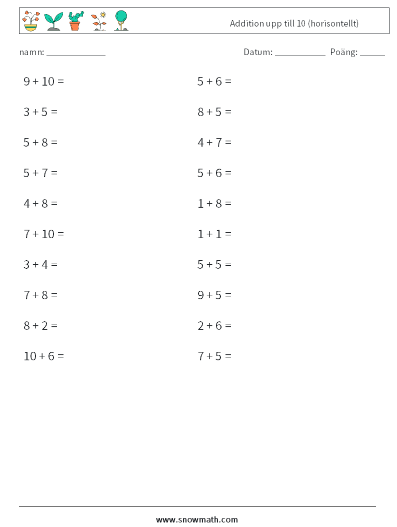 (20) Addition upp till 10 (horisontellt) Matematiska arbetsblad 6