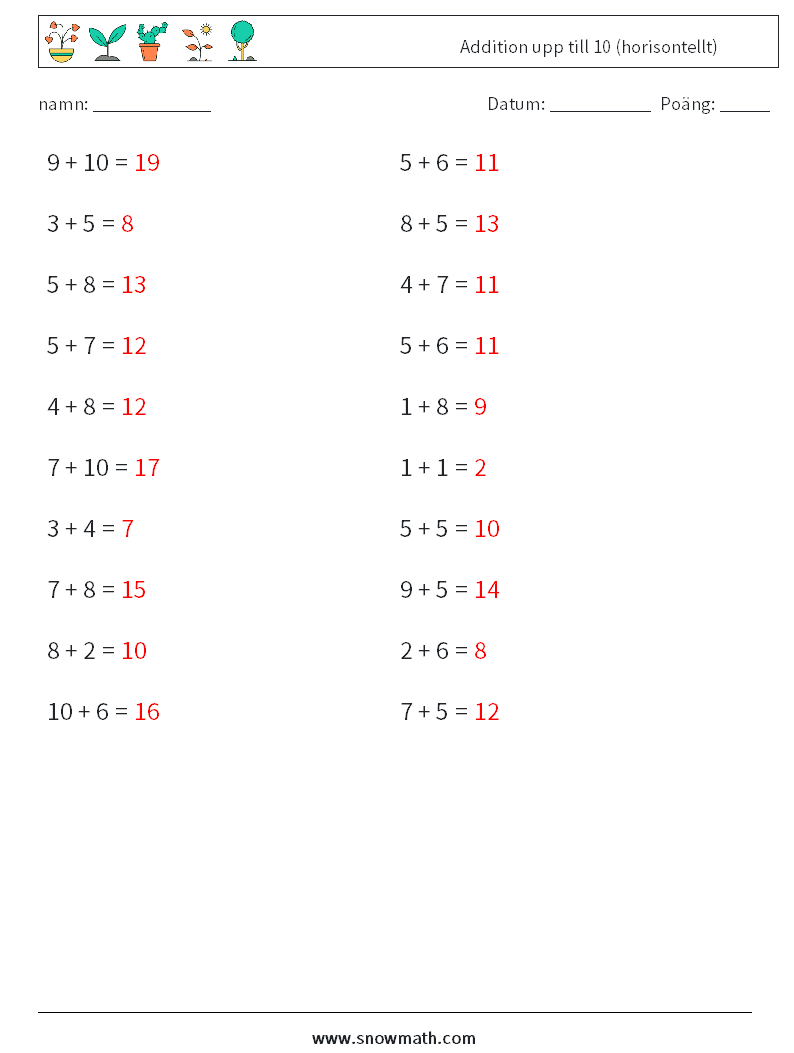 (20) Addition upp till 10 (horisontellt) Matematiska arbetsblad 6 Fråga, svar