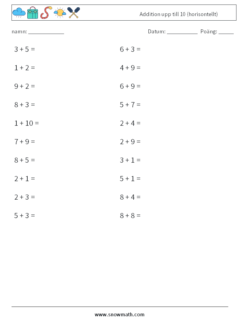 (20) Addition upp till 10 (horisontellt) Matematiska arbetsblad 7