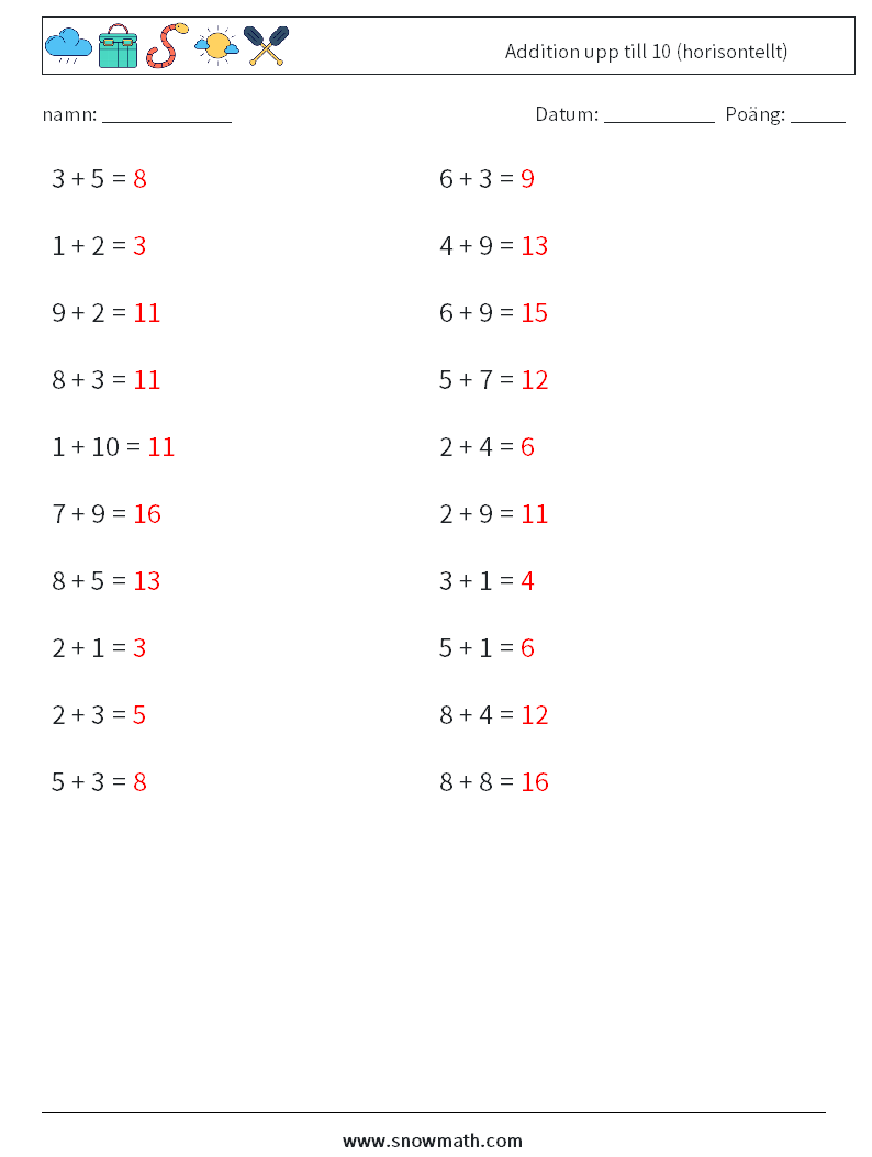 (20) Addition upp till 10 (horisontellt) Matematiska arbetsblad 7 Fråga, svar