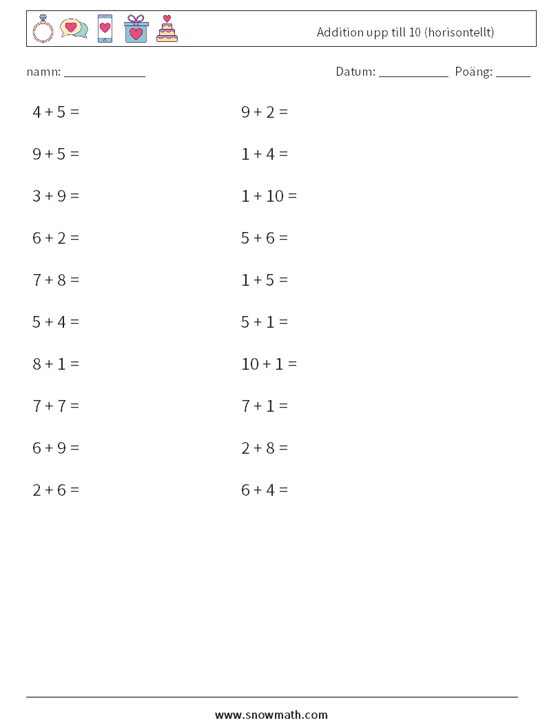 (20) Addition upp till 10 (horisontellt) Matematiska arbetsblad 8
