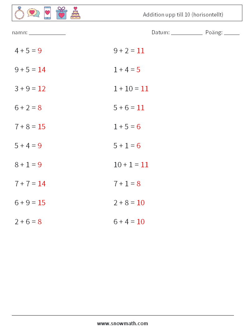 (20) Addition upp till 10 (horisontellt) Matematiska arbetsblad 8 Fråga, svar