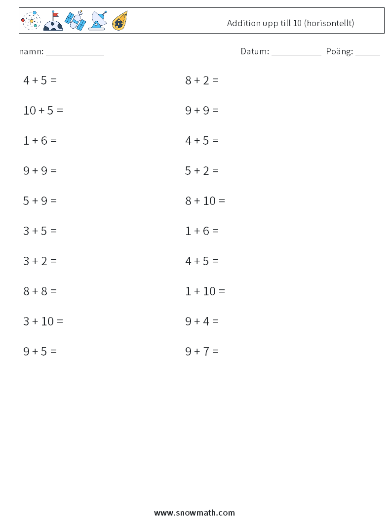 (20) Addition upp till 10 (horisontellt) Matematiska arbetsblad 9
