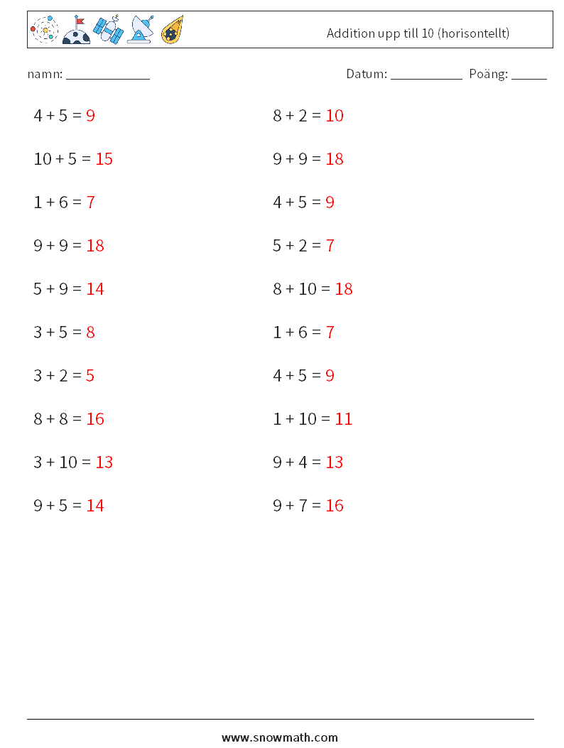(20) Addition upp till 10 (horisontellt) Matematiska arbetsblad 9 Fråga, svar