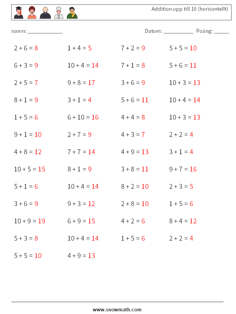 (50) Addition upp till 10 (horisontellt) Matematiska arbetsblad 1 Fråga, svar