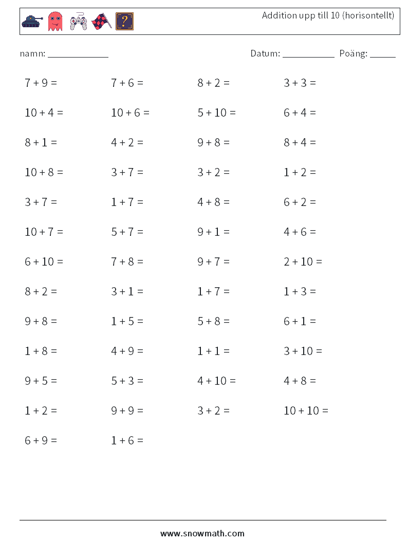 (50) Addition upp till 10 (horisontellt) Matematiska arbetsblad 2
