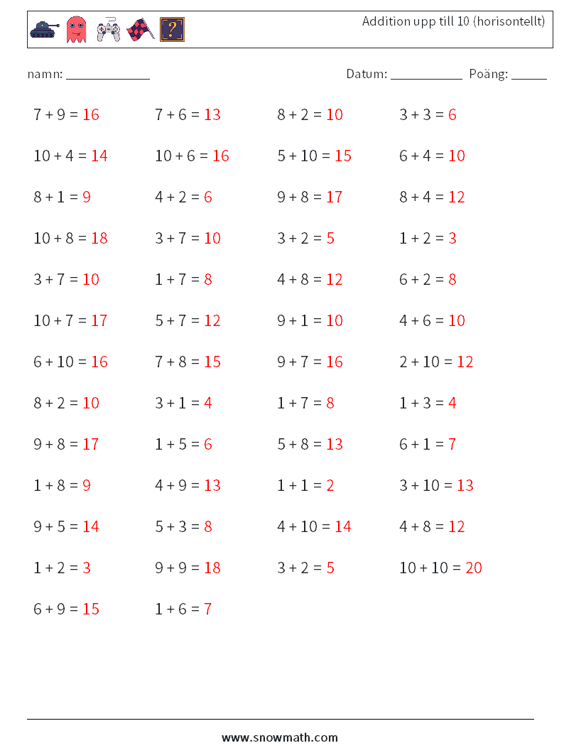 (50) Addition upp till 10 (horisontellt) Matematiska arbetsblad 2 Fråga, svar