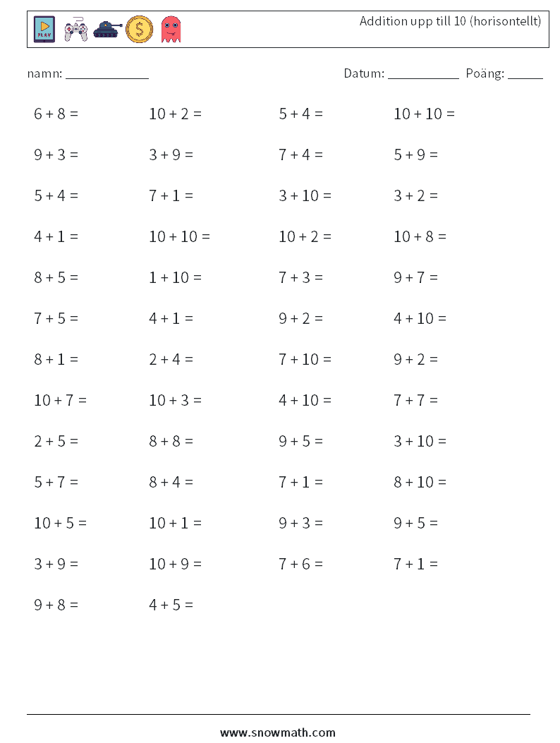 (50) Addition upp till 10 (horisontellt) Matematiska arbetsblad 3