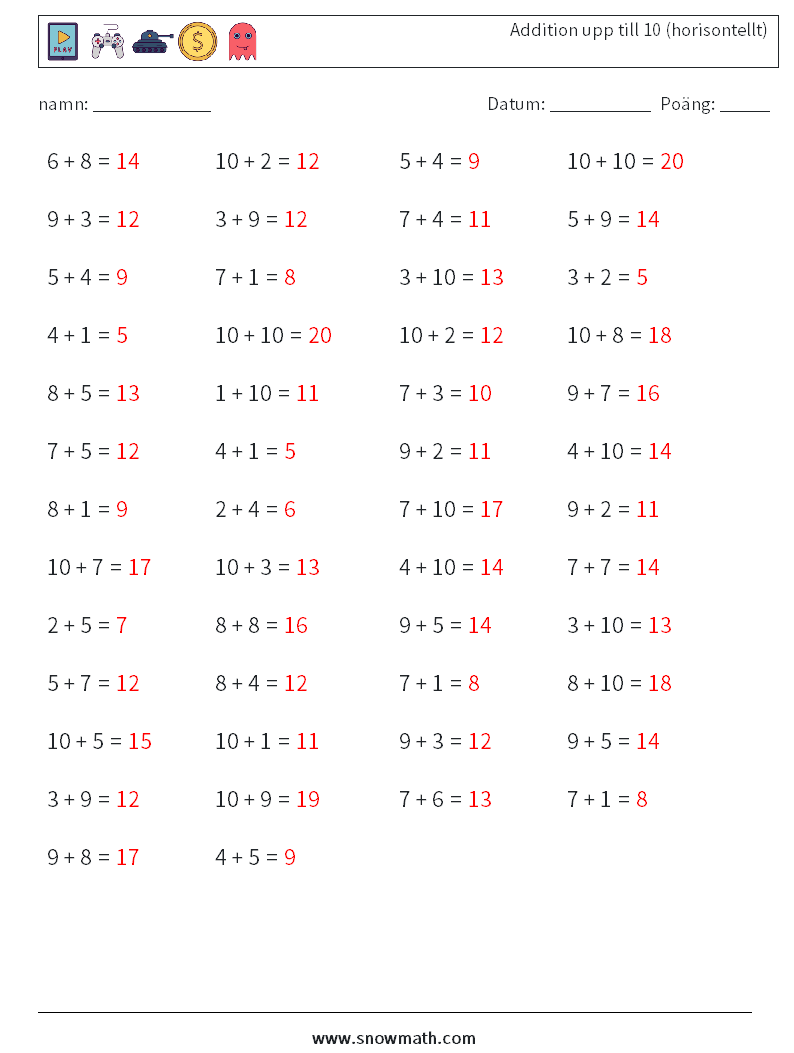 (50) Addition upp till 10 (horisontellt) Matematiska arbetsblad 3 Fråga, svar