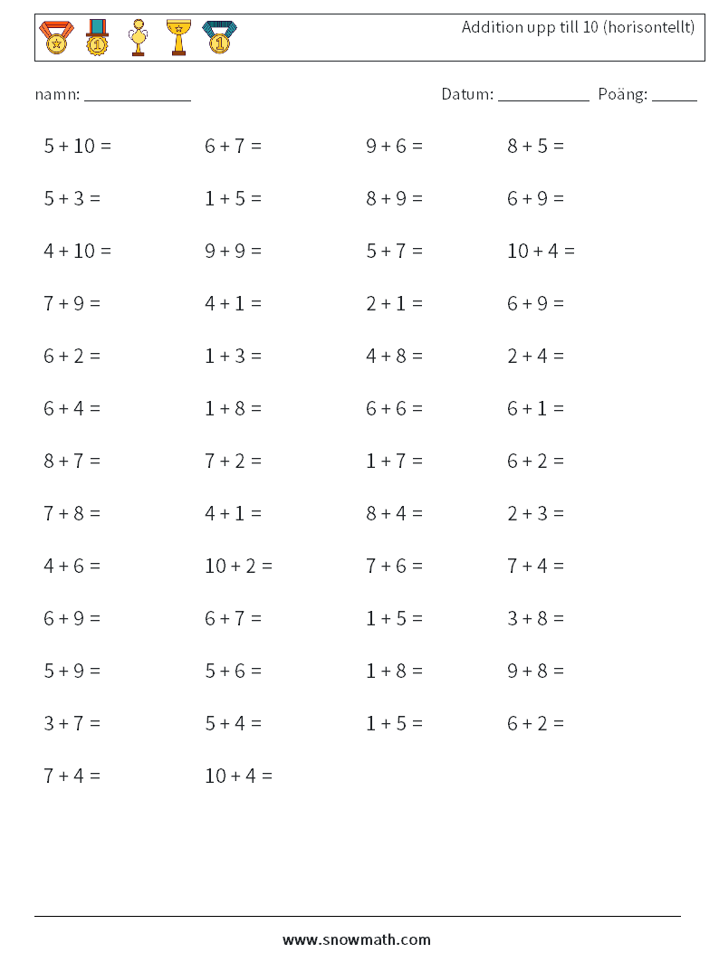 (50) Addition upp till 10 (horisontellt) Matematiska arbetsblad 4