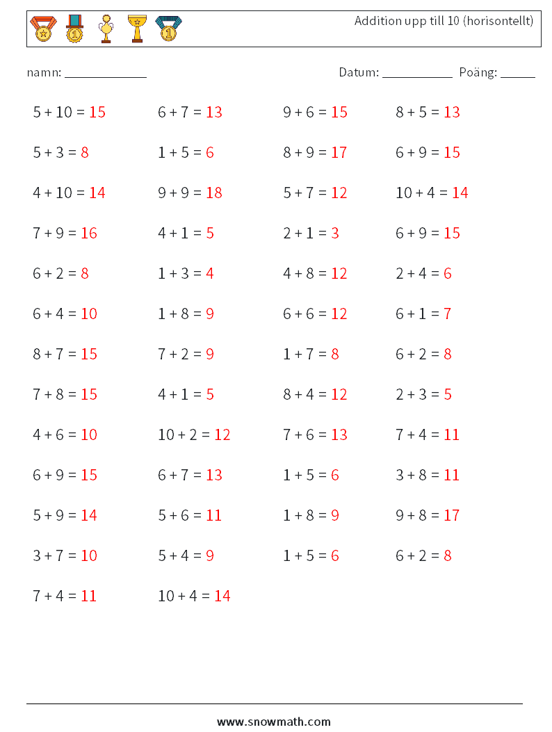 (50) Addition upp till 10 (horisontellt) Matematiska arbetsblad 4 Fråga, svar