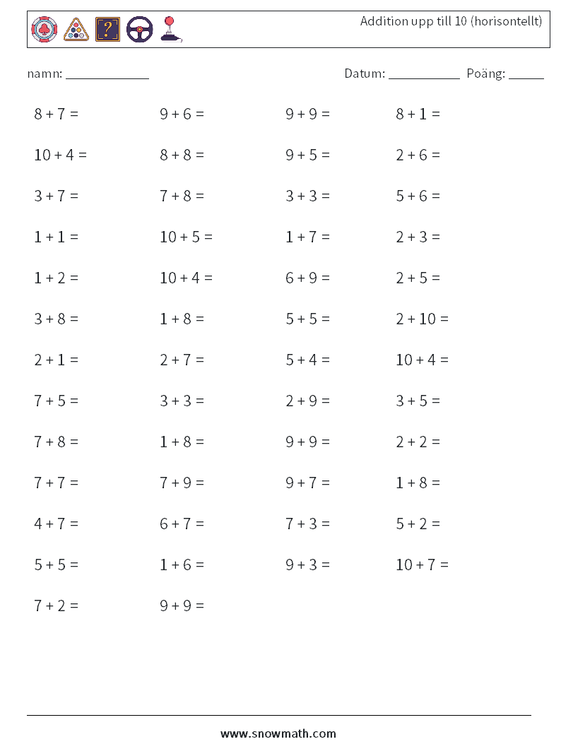 (50) Addition upp till 10 (horisontellt) Matematiska arbetsblad 5