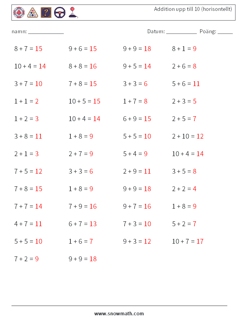 (50) Addition upp till 10 (horisontellt) Matematiska arbetsblad 5 Fråga, svar