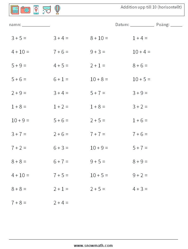 (50) Addition upp till 10 (horisontellt) Matematiska arbetsblad 6