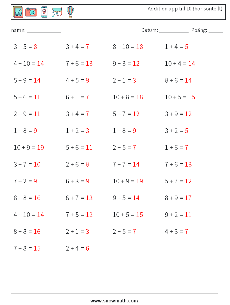 (50) Addition upp till 10 (horisontellt) Matematiska arbetsblad 6 Fråga, svar