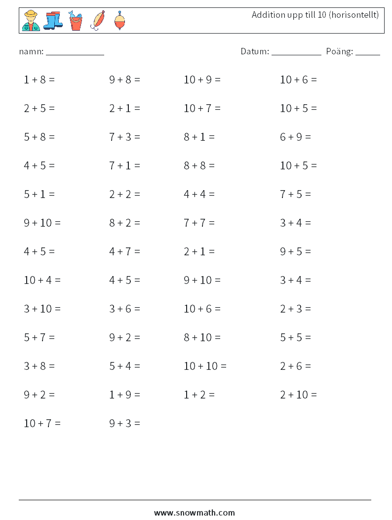 (50) Addition upp till 10 (horisontellt) Matematiska arbetsblad 7