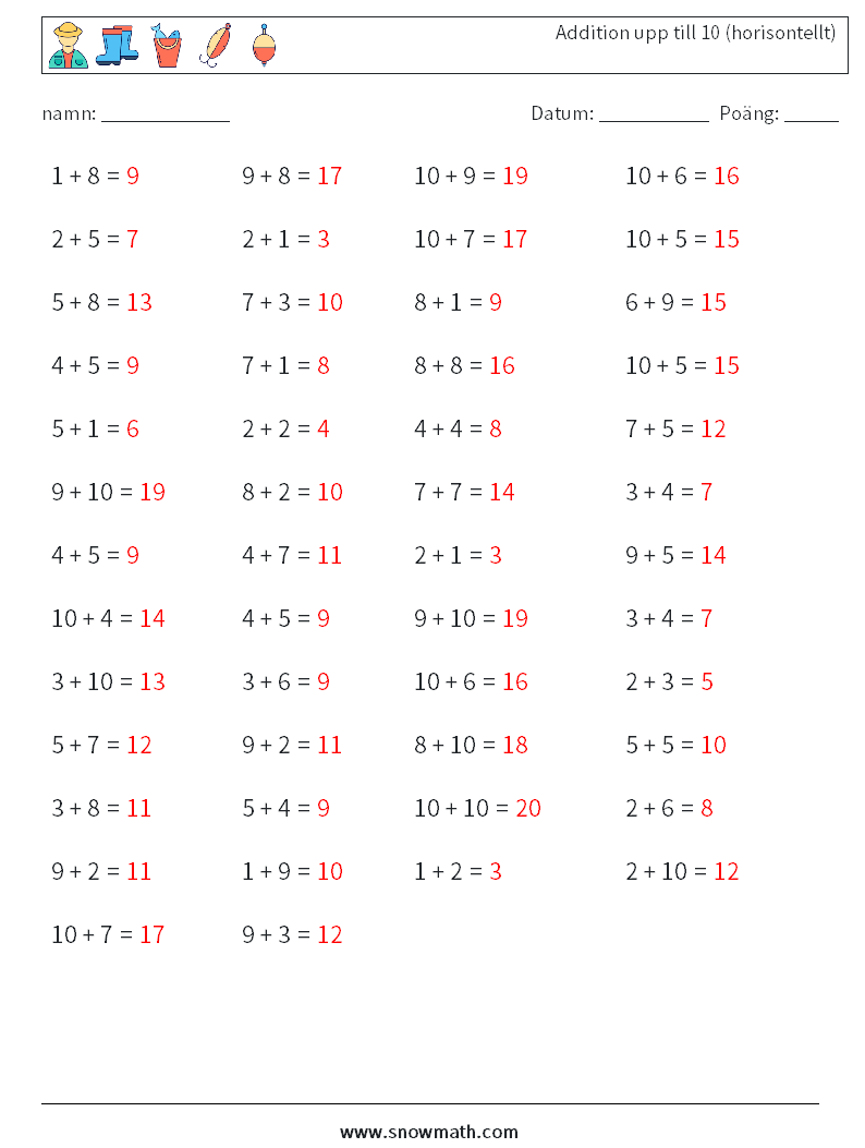 (50) Addition upp till 10 (horisontellt) Matematiska arbetsblad 7 Fråga, svar