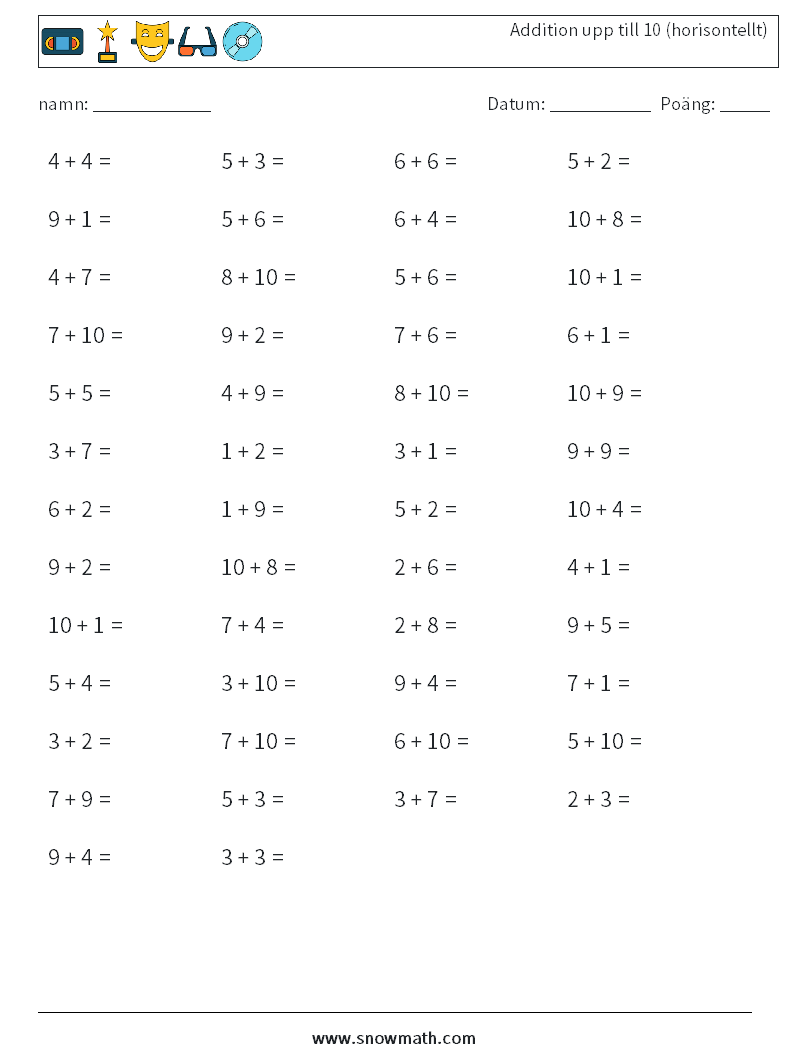 (50) Addition upp till 10 (horisontellt) Matematiska arbetsblad 8