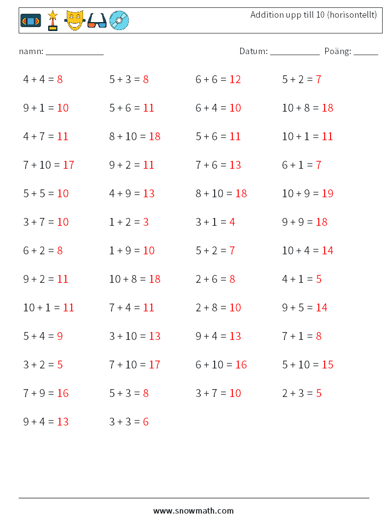 (50) Addition upp till 10 (horisontellt) Matematiska arbetsblad 8 Fråga, svar