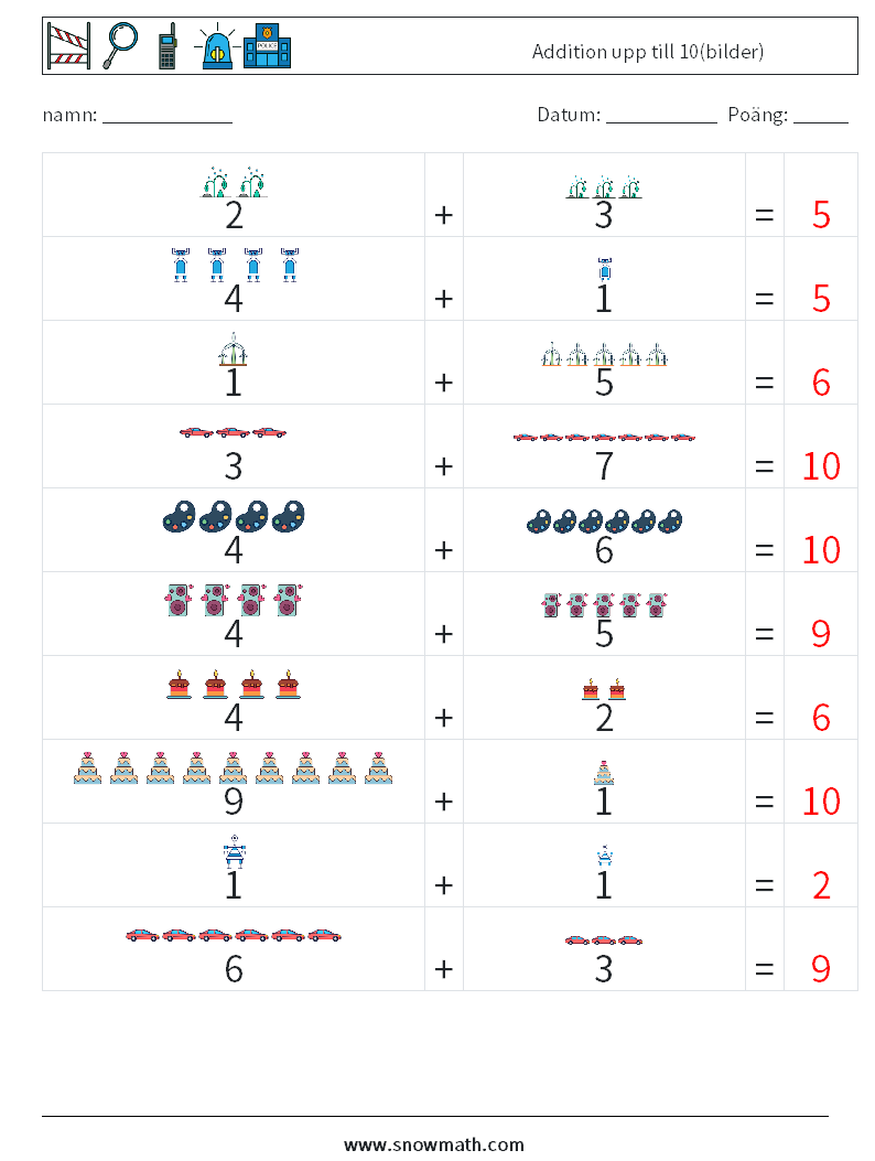 Addition upp till 10(bilder) Matematiska arbetsblad 12 Fråga, svar