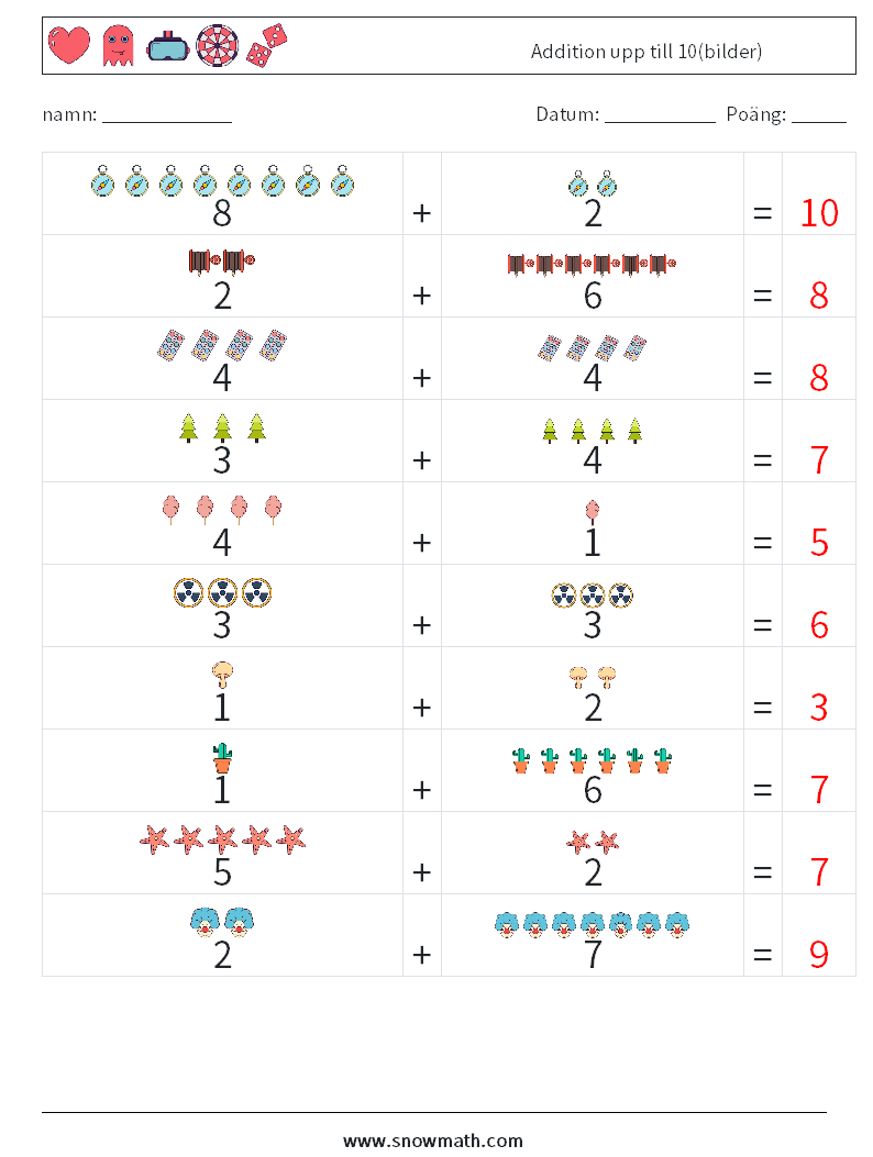 Addition upp till 10(bilder) Matematiska arbetsblad 15 Fråga, svar