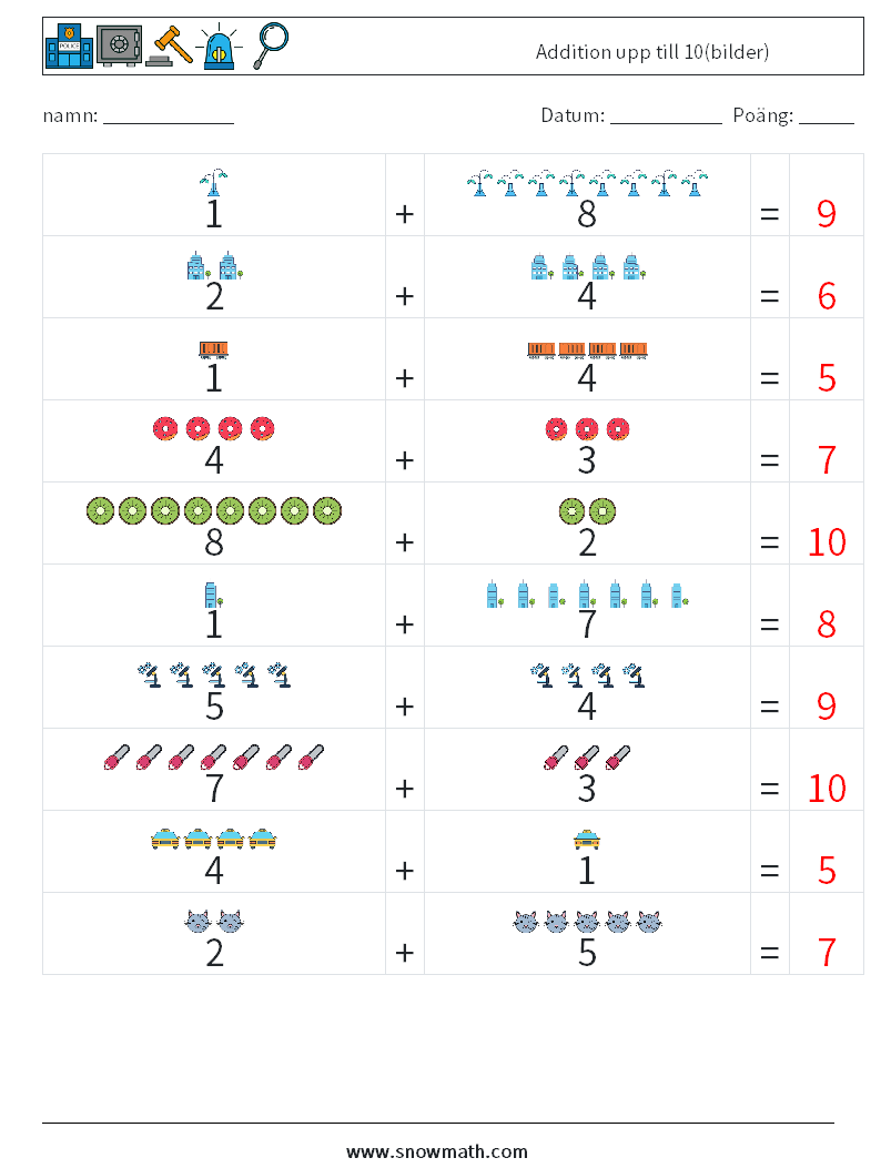 Addition upp till 10(bilder) Matematiska arbetsblad 18 Fråga, svar