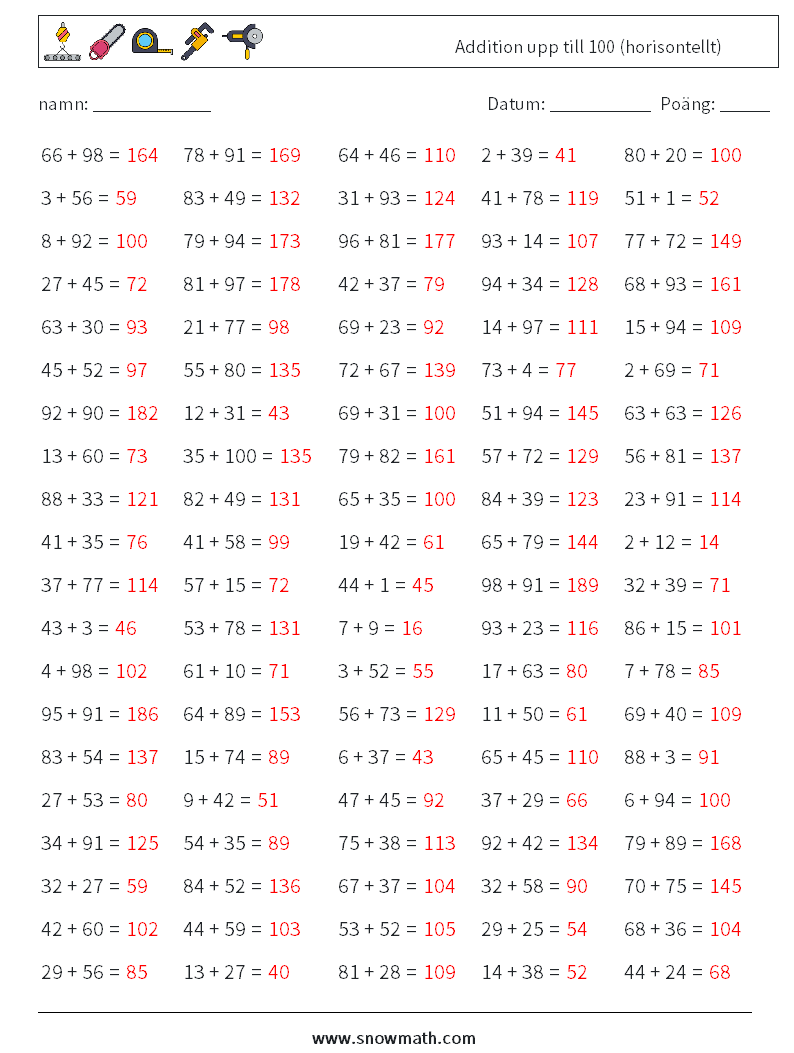 (100) Addition upp till 100 (horisontellt) Matematiska arbetsblad 1 Fråga, svar