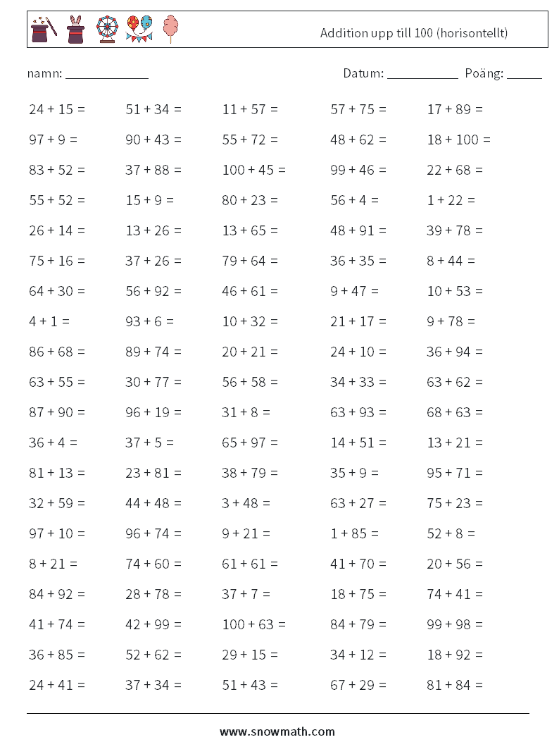 (100) Addition upp till 100 (horisontellt) Matematiska arbetsblad 2