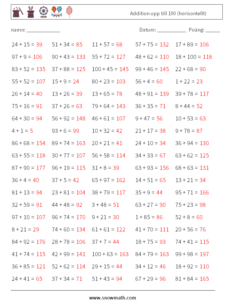 (100) Addition upp till 100 (horisontellt) Matematiska arbetsblad 2 Fråga, svar