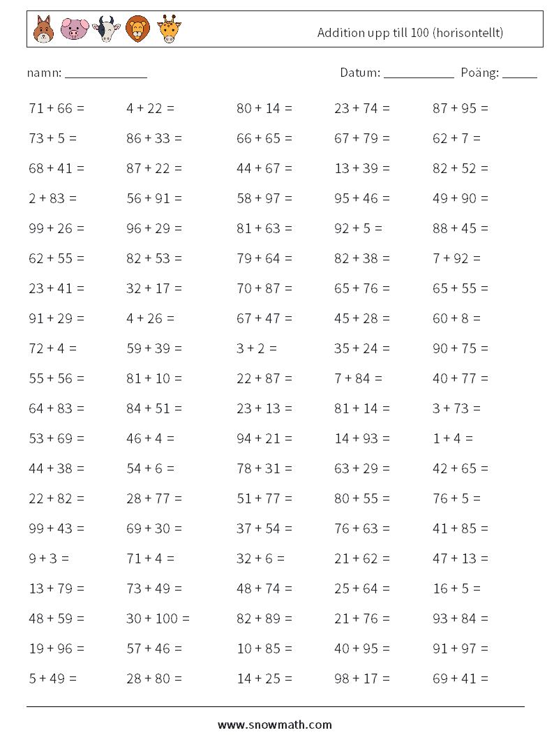 (100) Addition upp till 100 (horisontellt) Matematiska arbetsblad 3