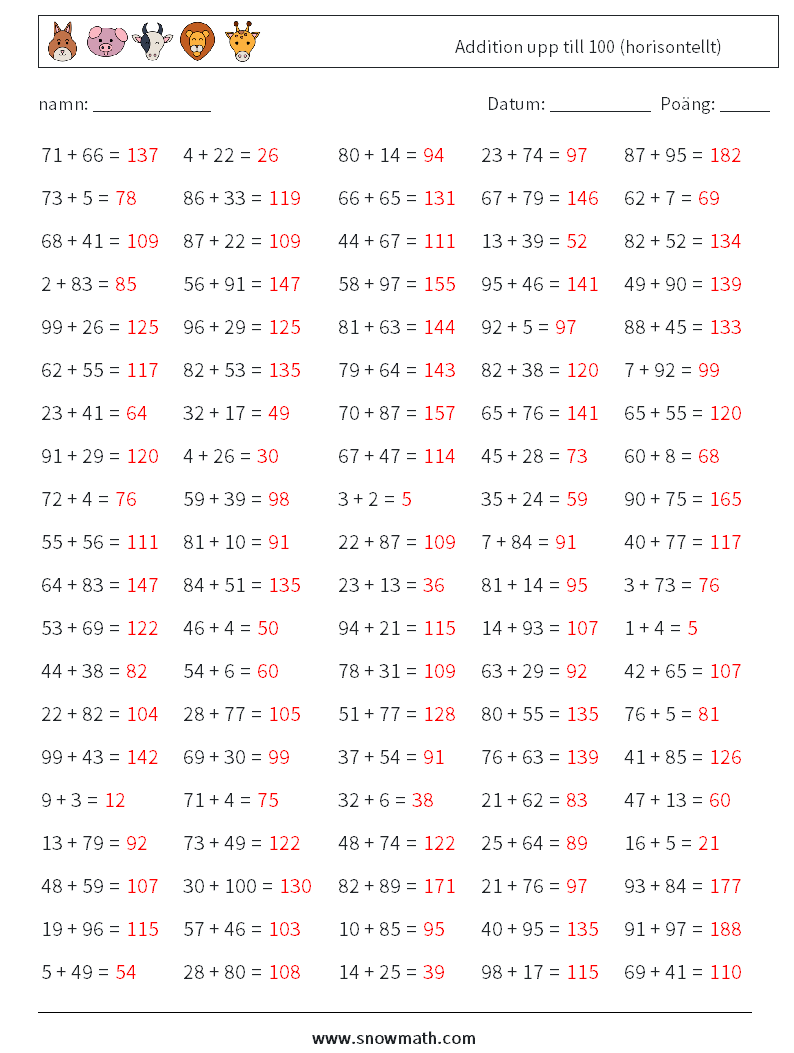 (100) Addition upp till 100 (horisontellt) Matematiska arbetsblad 3 Fråga, svar