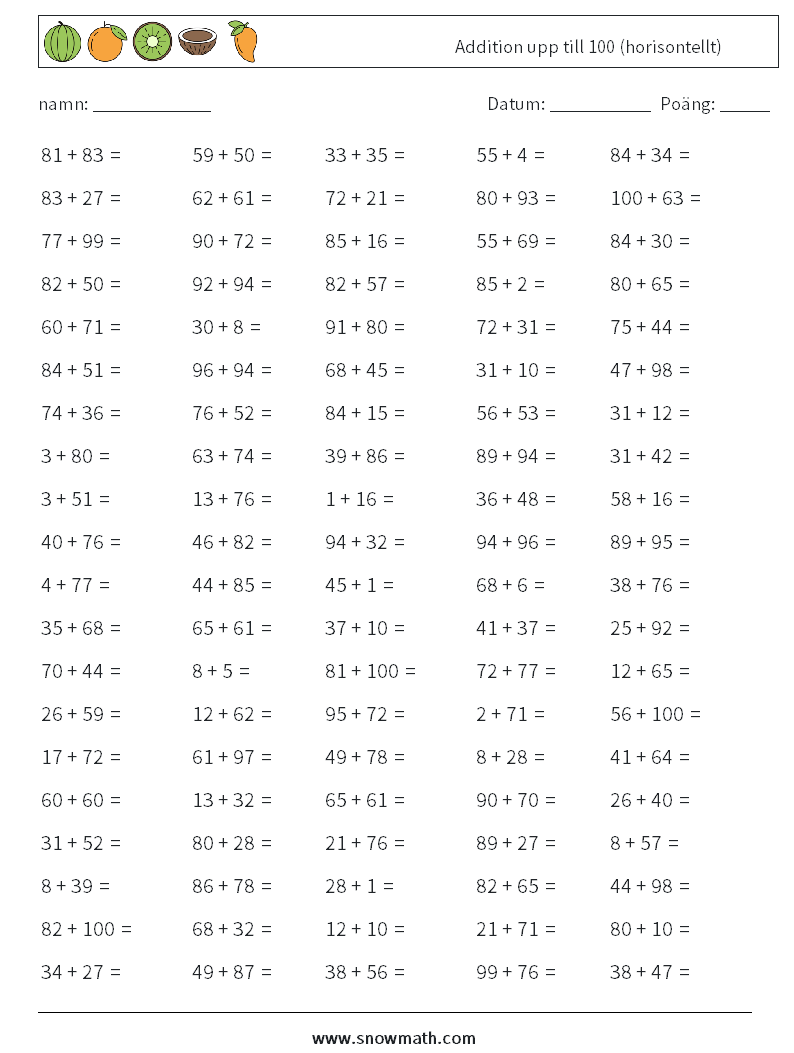 (100) Addition upp till 100 (horisontellt) Matematiska arbetsblad 4