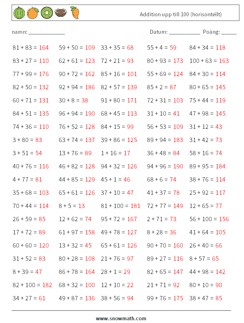 (100) Addition upp till 100 (horisontellt) Matematiska arbetsblad 4 Fråga, svar