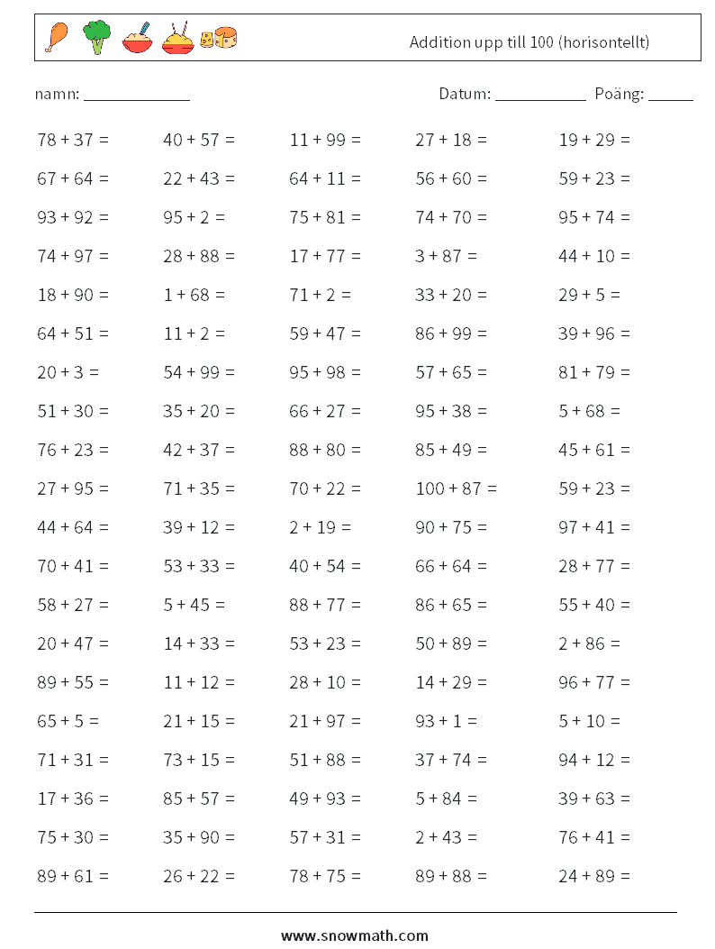(100) Addition upp till 100 (horisontellt) Matematiska arbetsblad 5
