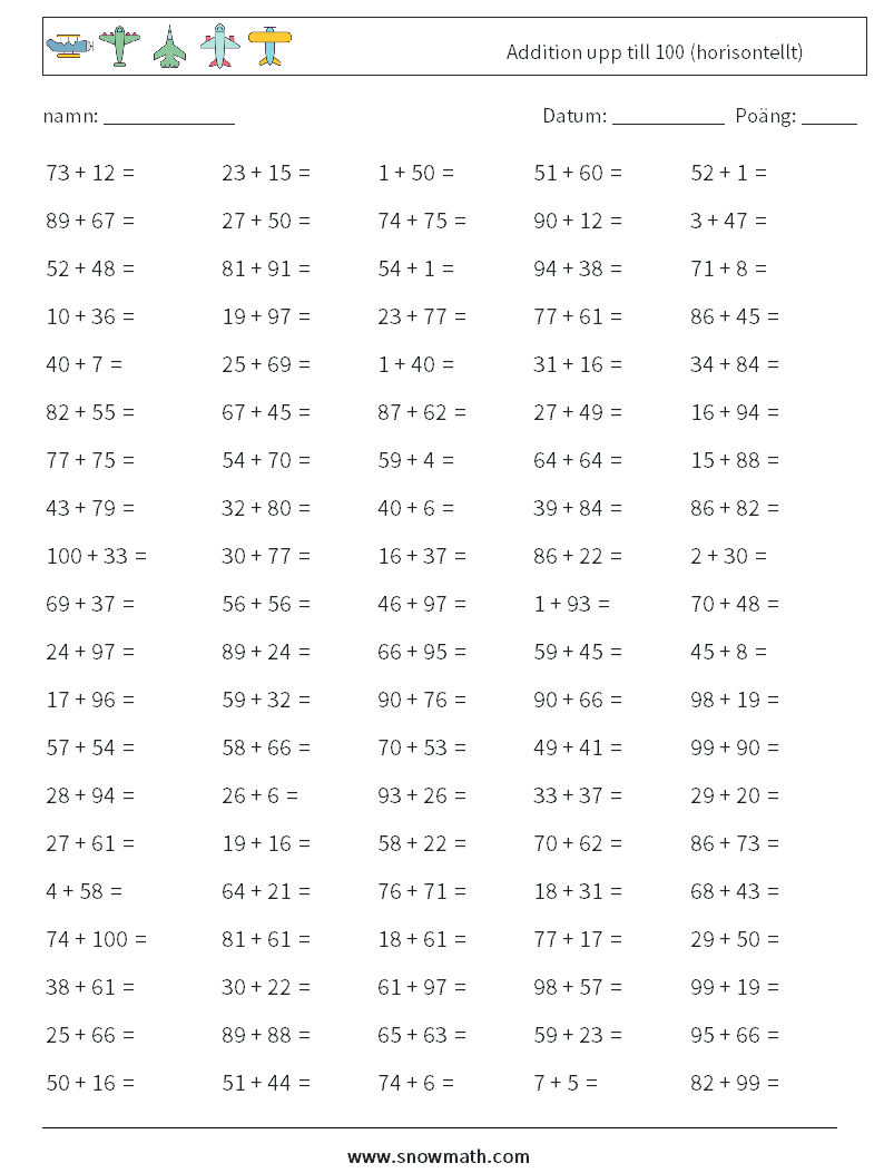 (100) Addition upp till 100 (horisontellt) Matematiska arbetsblad 6