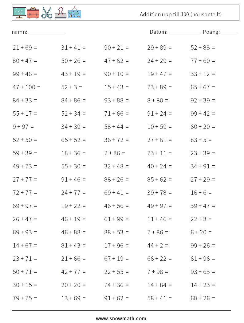 (100) Addition upp till 100 (horisontellt) Matematiska arbetsblad 7
