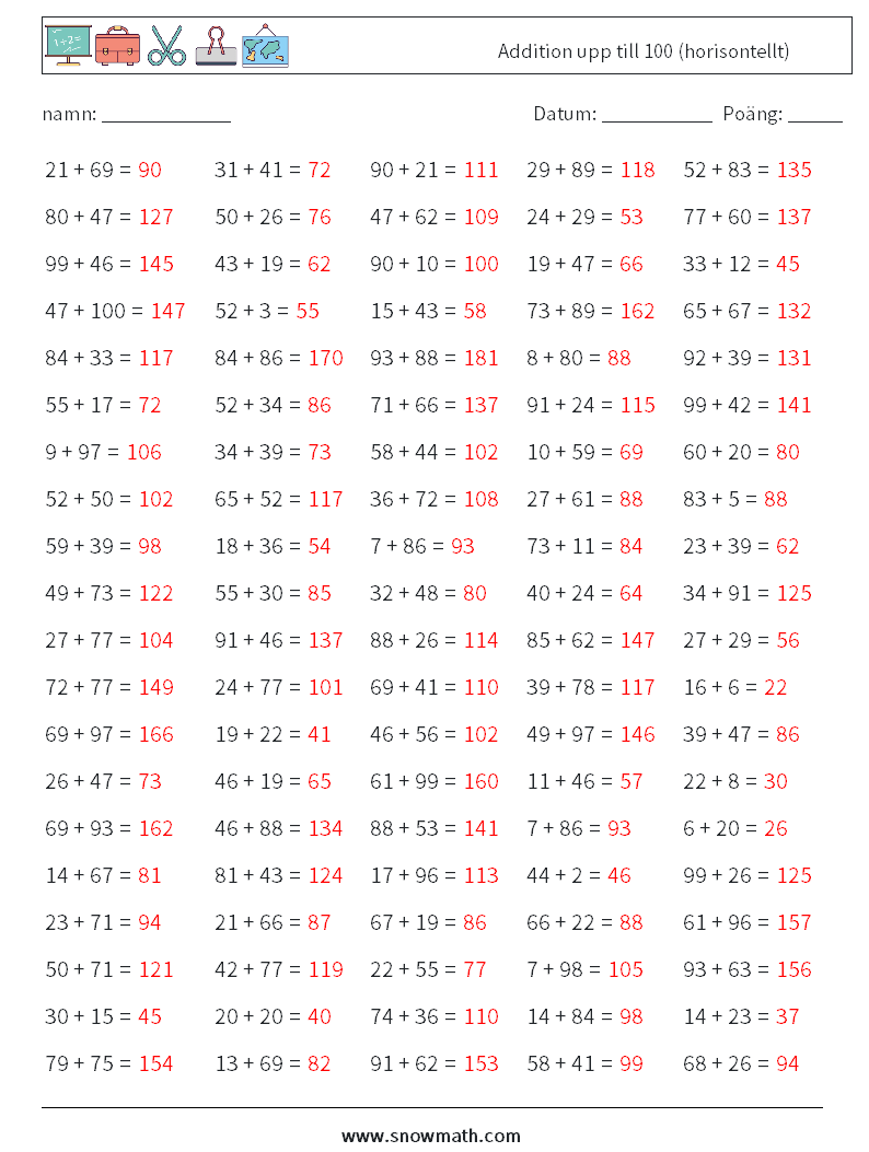 (100) Addition upp till 100 (horisontellt) Matematiska arbetsblad 7 Fråga, svar