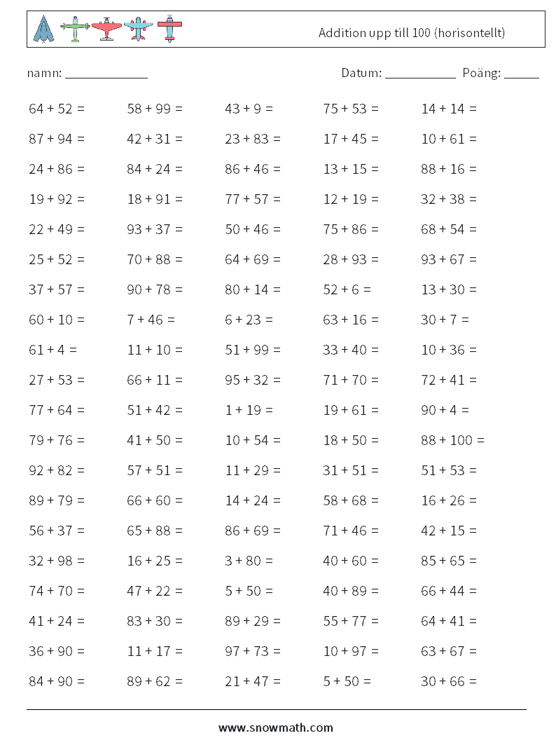 (100) Addition upp till 100 (horisontellt) Matematiska arbetsblad 8
