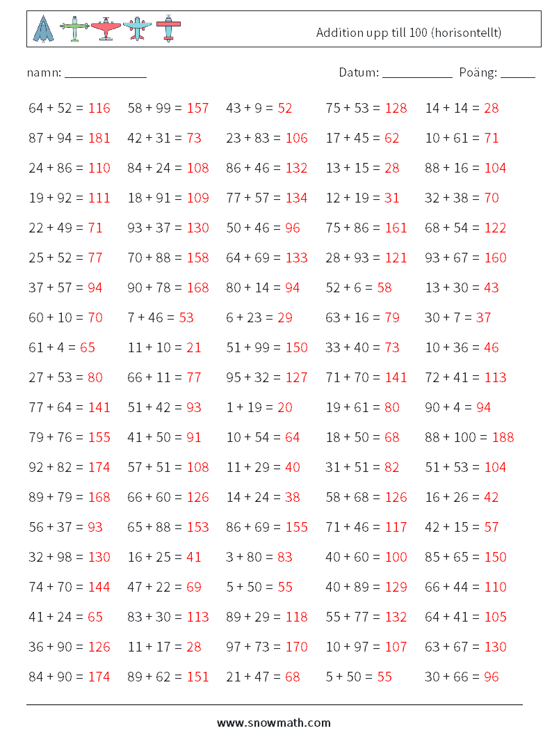 (100) Addition upp till 100 (horisontellt) Matematiska arbetsblad 8 Fråga, svar